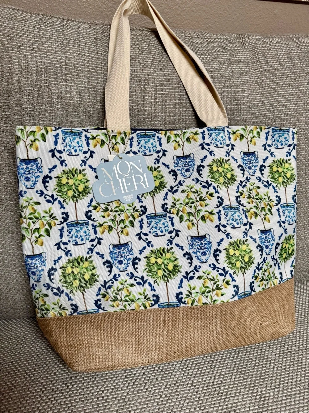 New Lemon Tree Blue Toile Potted Floral Canvas Tote Book Bag Reusable Burlap NWT